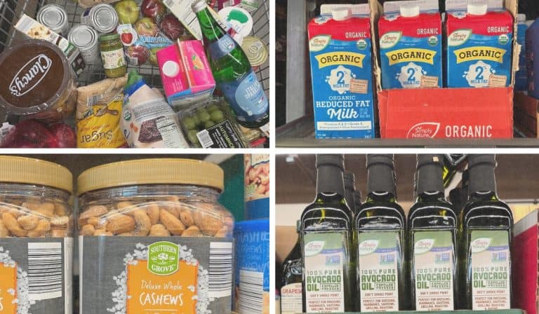 Featured image shopping at Aldi showing the shopping cart a few products.